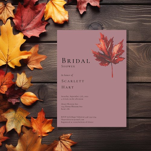Simple Fall Leaf Mauve Wedding Bridal Shower Invitation