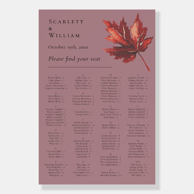 Simple Fall Leaf Mauve Wedding Seating Chart Sign (Front)