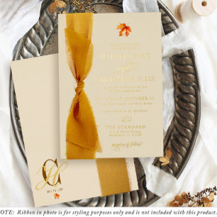 Simple Fall Leaf Ribbon Cream Autumn Wedding Gold Foil Invitation