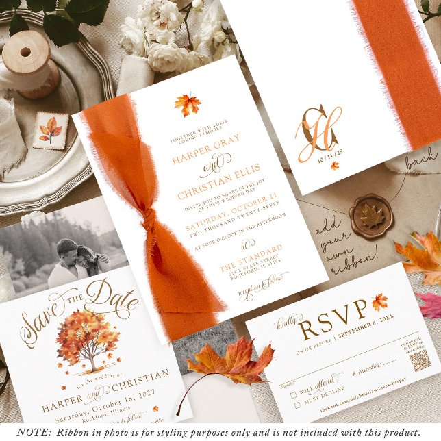 Simple Fall Leaves Modern Autumn Ribbon Wedding Invitation (Simple elegant watercolor fall leaf tree script monogram Autumn wedding invitation, just add ribbon!)