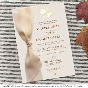Simple Fall Leaves Modern Ribbon Wedding Gold Foil Invitation