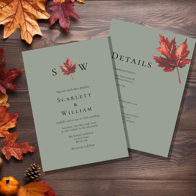 Simple Fall Sage Green Monogram All In One Wedding Invitation (Creator Uploaded)