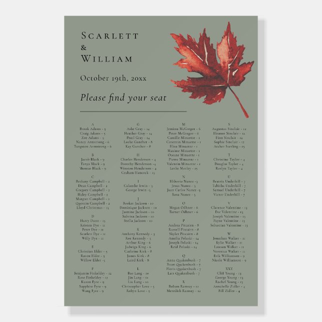 Simple Fall Sage Green Wedding Seating Chart Sign (Front)