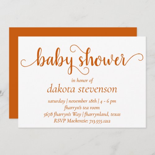 Simple Fall Script  Burnt Orange Baby Shower Invitation