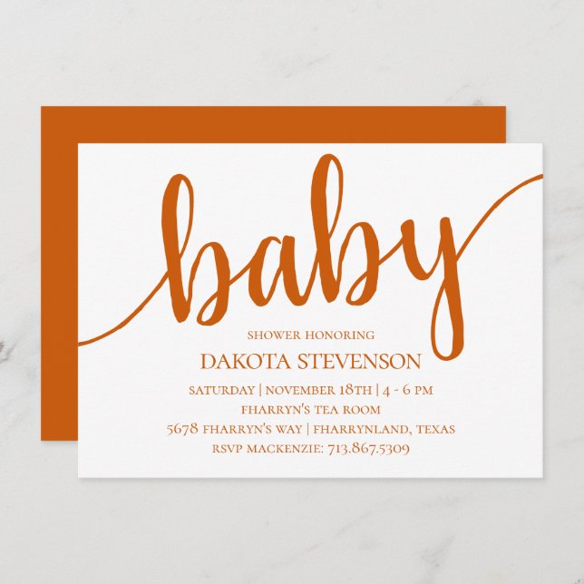 Simple Fall Script | Burnt Orange Baby Shower Invitation (Front/Back)