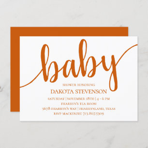 Simple Fall Script Burnt Orange Baby Shower Invitation