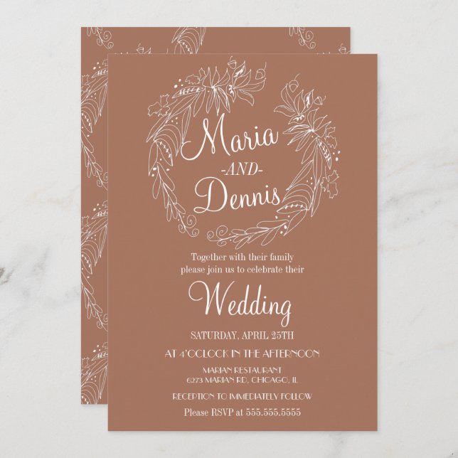 Simple Fall Terracotta Greenery Line Wreath Invitation (Front/Back)