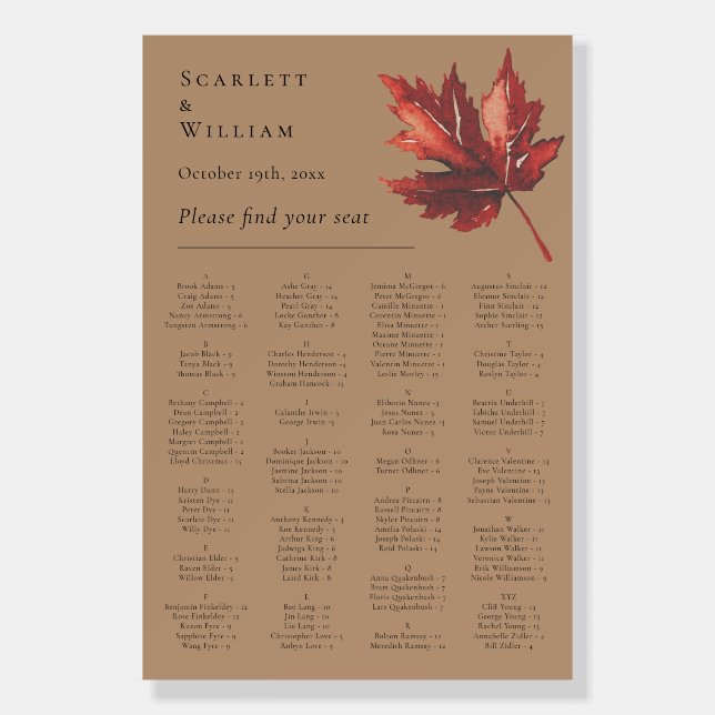 Simple Fall Terracotta Wedding Seating Chart Sign (Front)