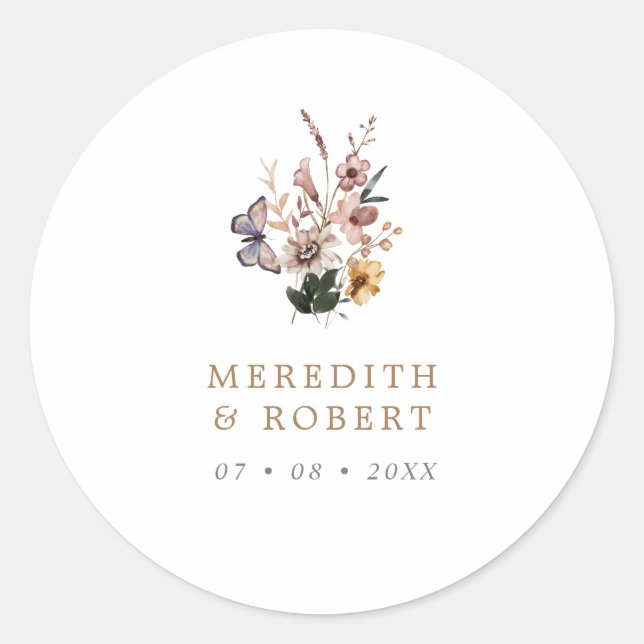 Simple Fall Wild Flowers Wedding Classic Round Sticker (Front)