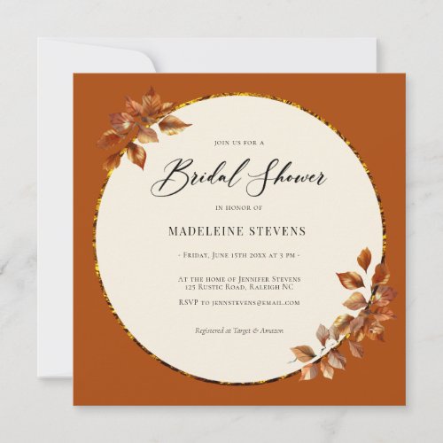 Simple Fall Wreath Copper Terracotta Gold Bridal Invitation