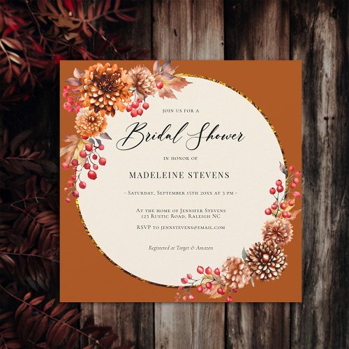 Simple Fall Wreath Mums Berries Terracotta Bridal Invitation