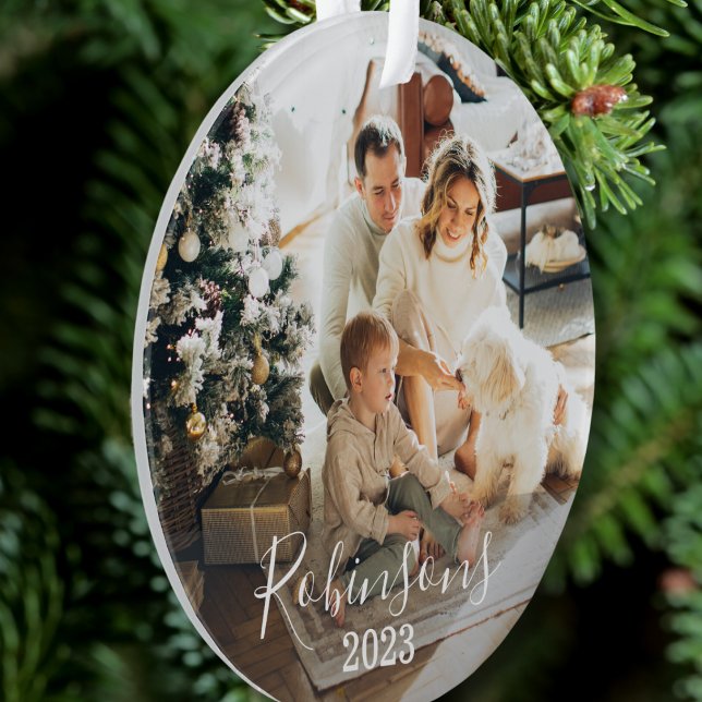 Simple Family 2 Photo Custom Name Script & Year Ornament (Creator Uploaded)