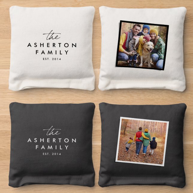 Simple family name black white photo cornhole bags (Wood)