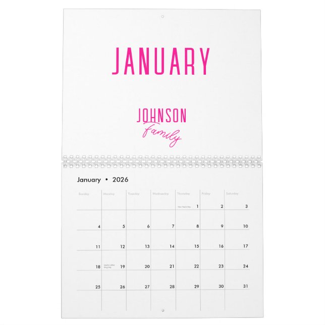 Simple Family Name Hot Pink Calendar (Jan 2026)