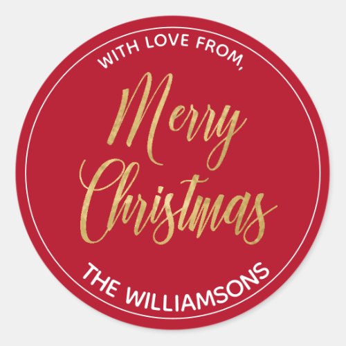 Simple  Family Name Merry Christmas Gold Red  Classic Round Sticker