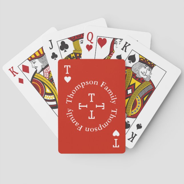 Simple Family Name Monogram Red Poker Cards (Back)