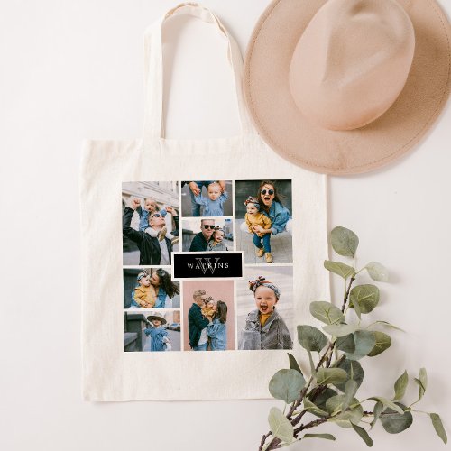 Simple Family Photo Collage Black Monogram Tote Bag