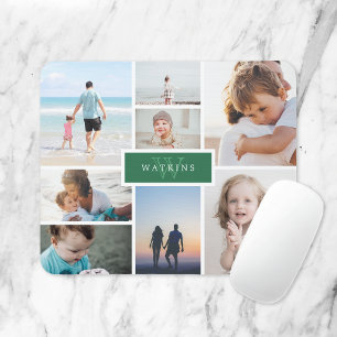 Simple Family Photo Collage & Green Monogram Mouse Pad