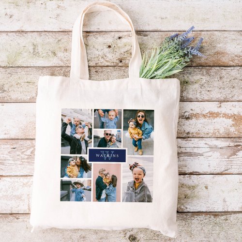 Simple Family Photo Collage Navy Monogram Tote Bag