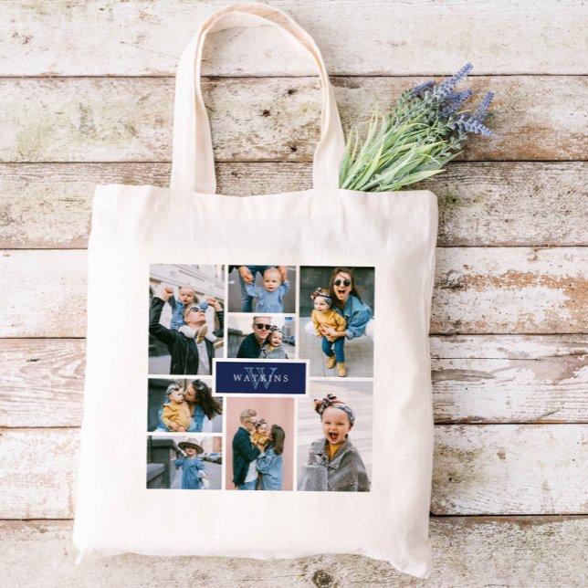 Simple Family Photo Collage Navy Monogram Tote Bag (Creator Uploaded)