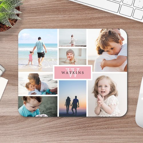 Simple Family Photo Collage  Pink Monogram Mouse Pad