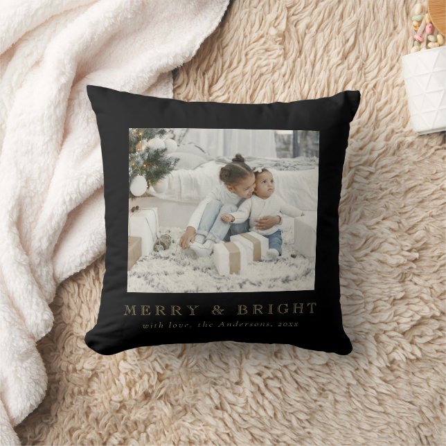Simple Family Photo Merry and Bright Christmas Throw Pillow (Blanket)