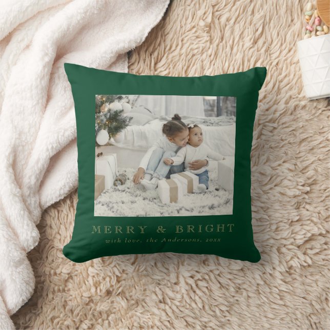 Simple Family Photo Merry and Bright Christmas Throw Pillow (Blanket)