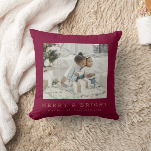 Simple Family Photo Merry and Bright Red Christmas Throw Pillow