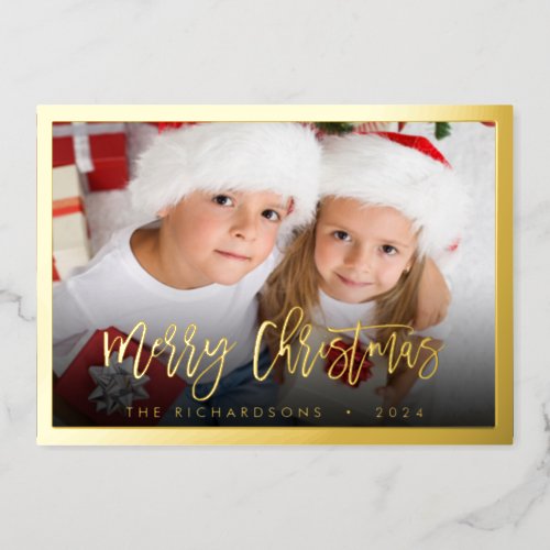 Simple Family Photo Name Christmas Script Elegant Foil Holiday Card