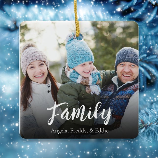 Simple Family Typography Custom Photo Ceramic Ornament (Christmas photo square ceramic ornament with family calligraphy wording.)