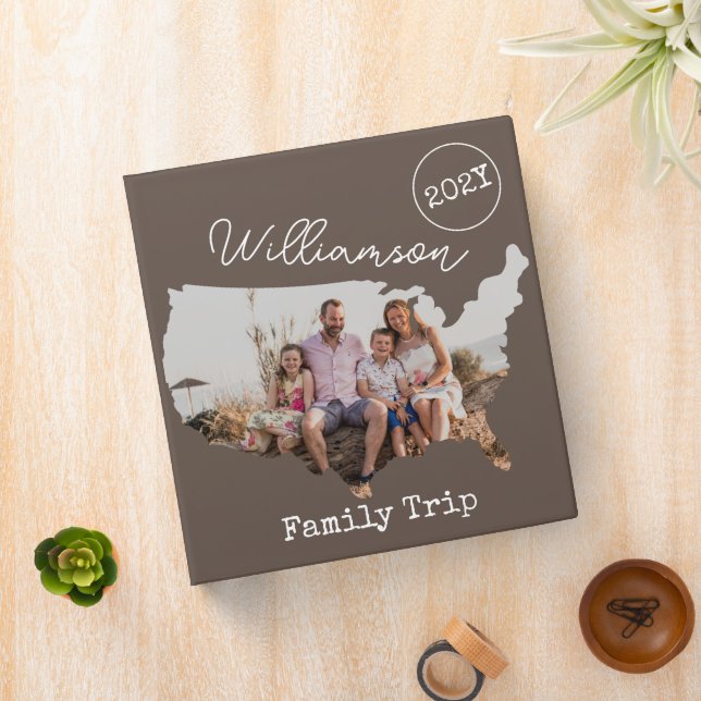 Simple Family Vacation Photo USA Outline Road Trip 3 Ring Binder (In Situ)