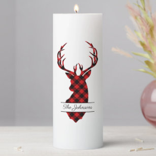 Simple Farmhouse Red Plaid Deer Personalized Pillar Candle