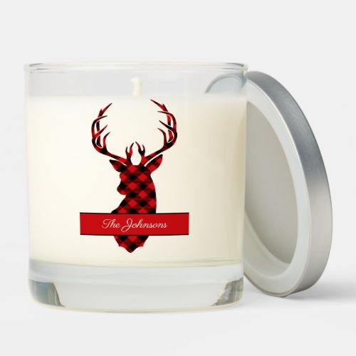 Simple Farmhouse Red Plaid Deer Personalized Scented Candle