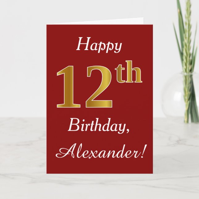 Simple Faux Gold 12th Birthday + Custom Name Card (Front)