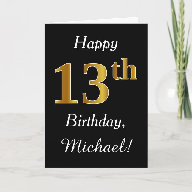 Simple Faux Gold 13th Birthday + Custom Name Card (Front)