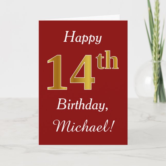 Simple Faux Gold 14th Birthday + Custom Name Card (Front)