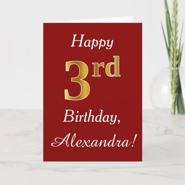 Simple Faux Gold 3rd Birthday + Custom Name Card (Front)