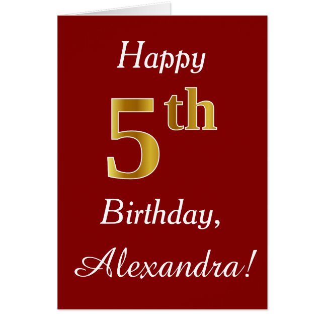 Simple Faux Gold 5th Birthday + Custom Name Card (Front)