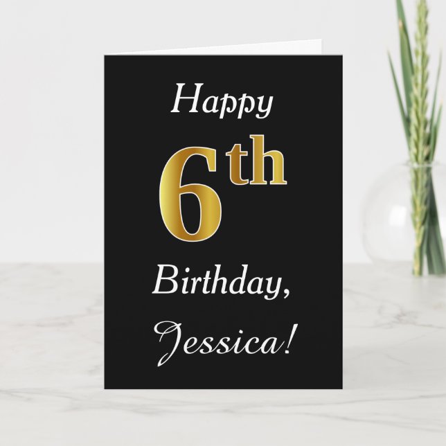 Simple Faux Gold 6th Birthday + Custom Name Card (Front)