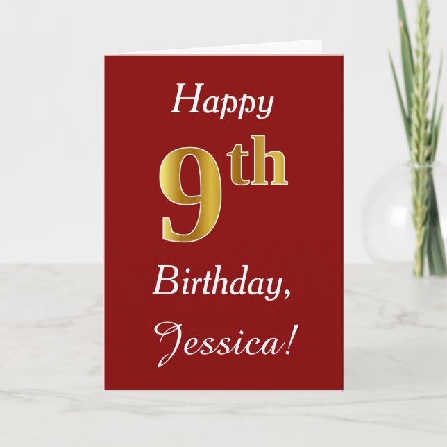 Simple Faux Gold 9th Birthday + Custom Name Card (Front)