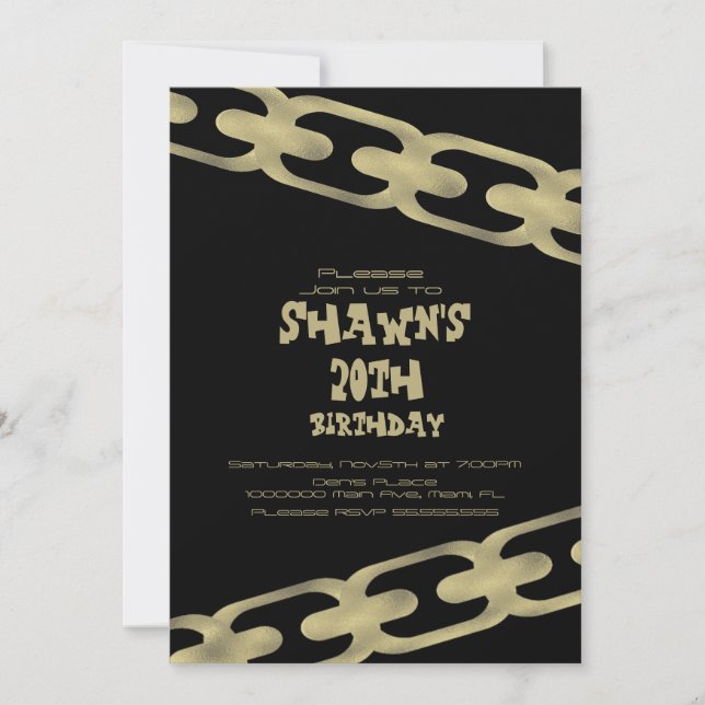 Simple Faux Gold Chain Adult Birthday Party Black  Invitation (Front)