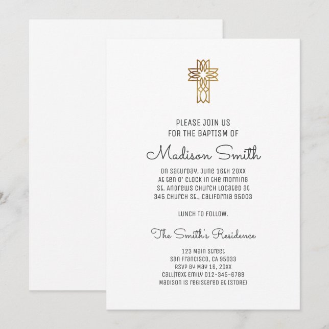 Simple Faux Gold Cross Baptism Invitation (Front/Back)