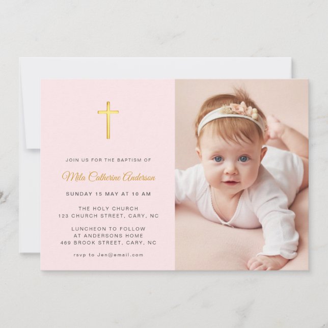 Simple Faux gold cross Pink Photo Baptism Invitation (Front)
