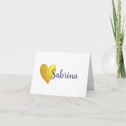 Simple Faux Gold Heart with Script Name Note Card