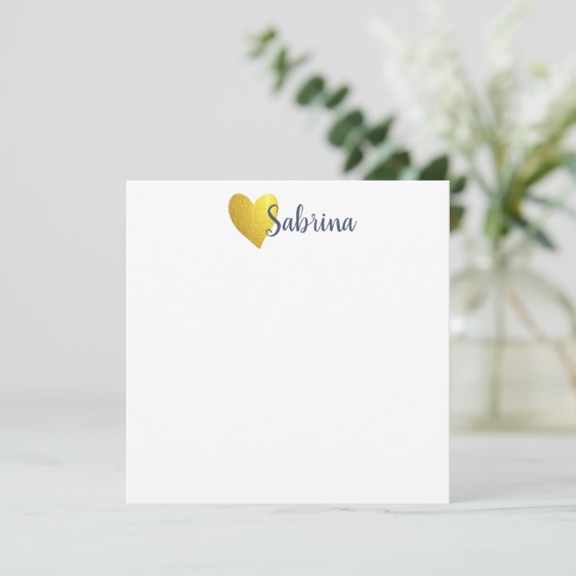 Simple Faux Gold Heart with Script Name Note Card (Standing Front)
