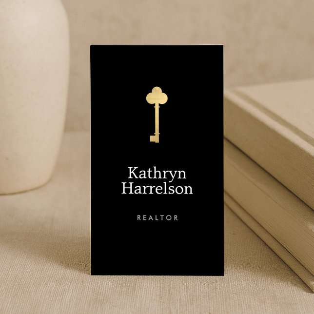 Simple Faux Gold Key Realtor Logo Black Business Card (Creator Uploaded)