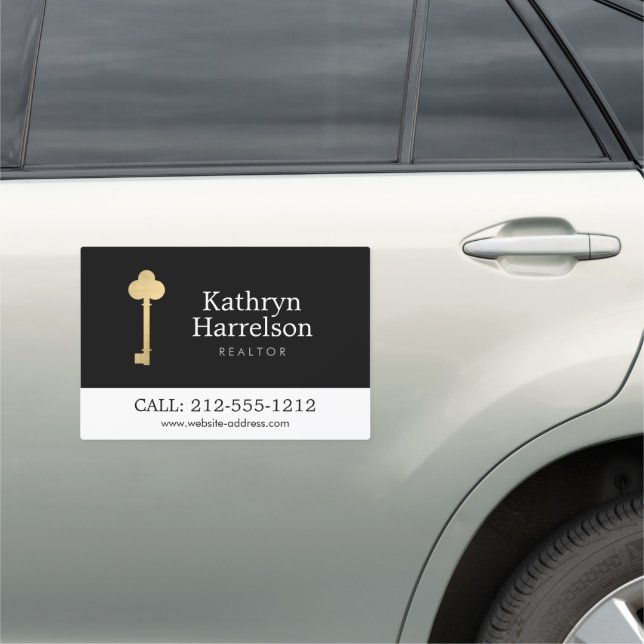 Simple Faux Gold Key Realtor Logo Black Car Magnet (In Situ)