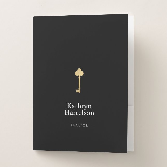 Simple Faux Gold Key Realtor Logo Black Pocket Folder (Front)