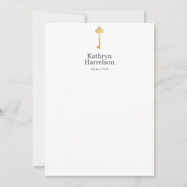 Simple Faux Gold Key Realtor Logo Flat Notecard (Front)