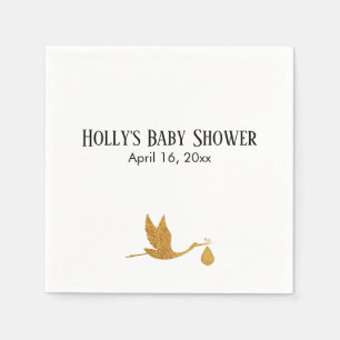 Simple Faux Gold Stork Baby Shower Name & Date Napkins